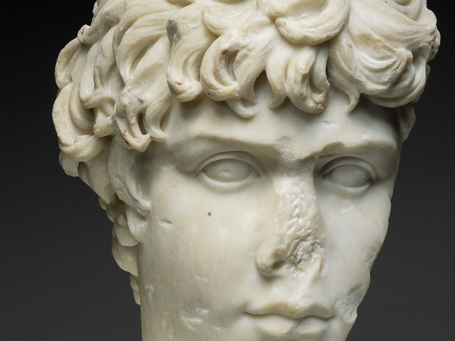 An ancient portrait bust of a young man.