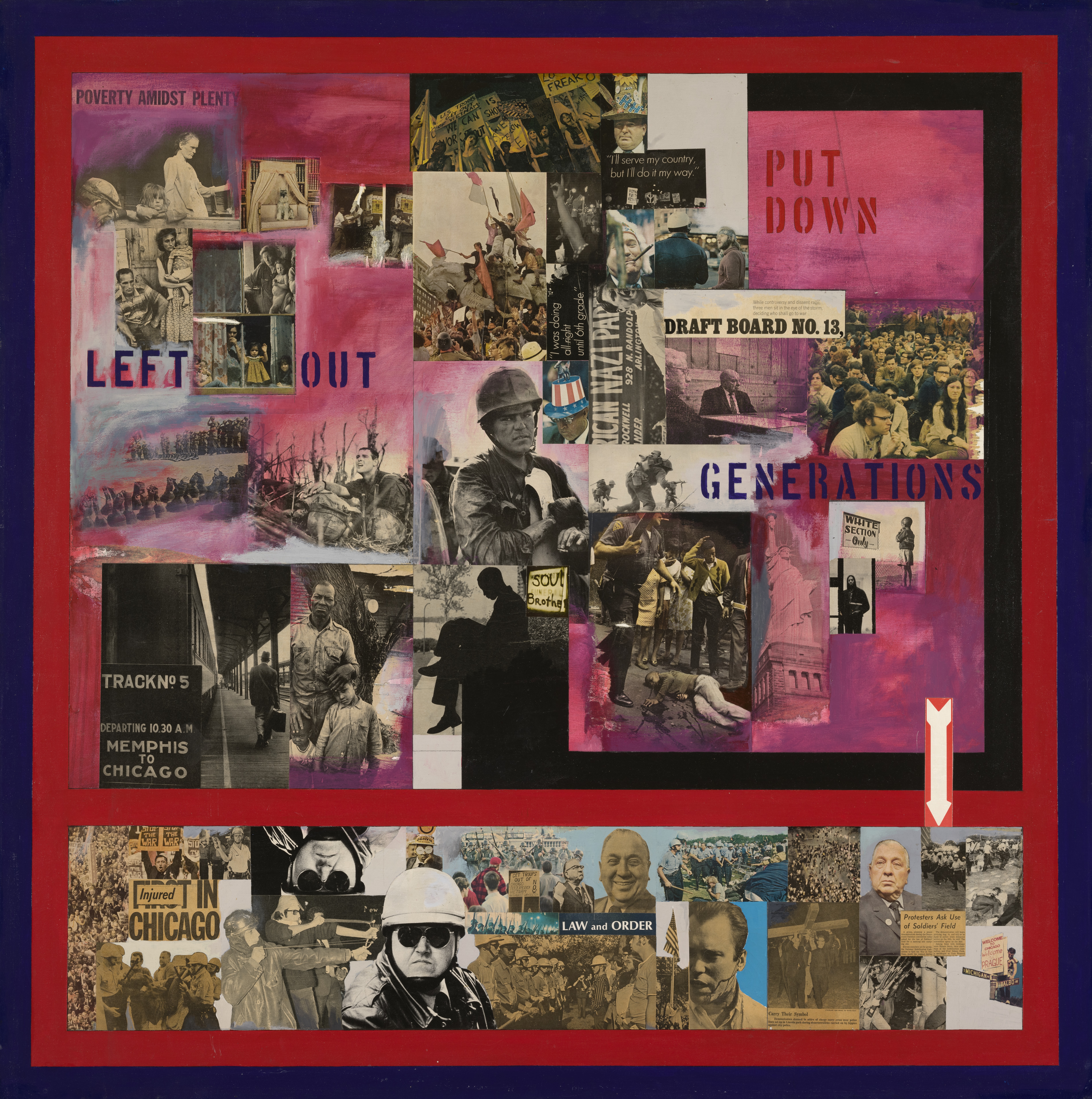 Collage of images from the 1960s featuring soldiers in Vietnam, Jim Crow laws, the Great Migration, protest, and violence against African American youth.