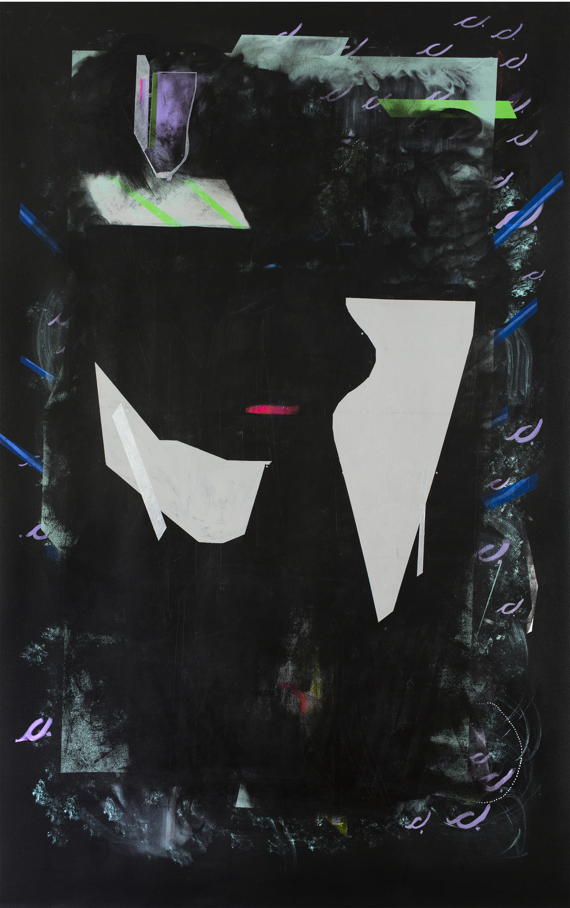 Large, rectangular abstract painting with a mainly black background. The blackness is punctuated by abstract shapes and marks in various colors—white, bright green, purple, red, and whitish gray. Two abstract white shapes dominate the middle of the painting, and are surrounded by a somewhat borderlike oval of the blue and gray/white marks.
