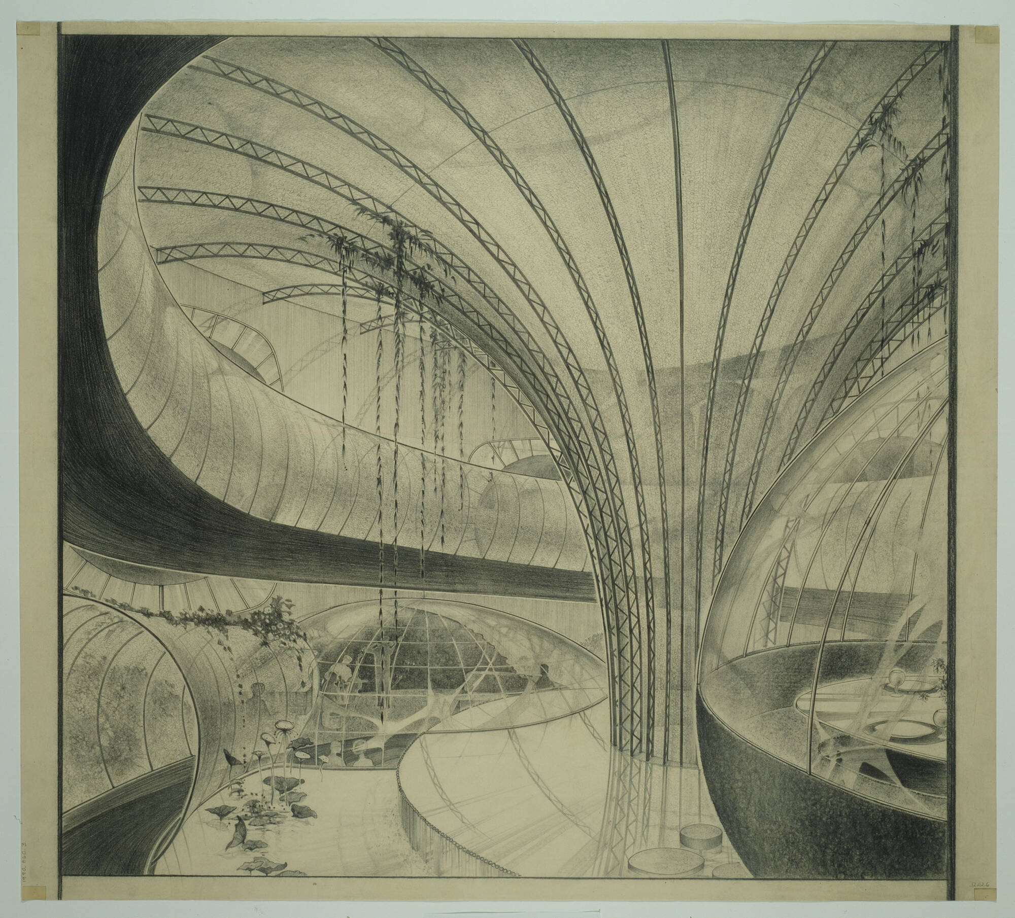 Drawing of an interior perspective of a building with a rounded roof and large, architectural forms inside.