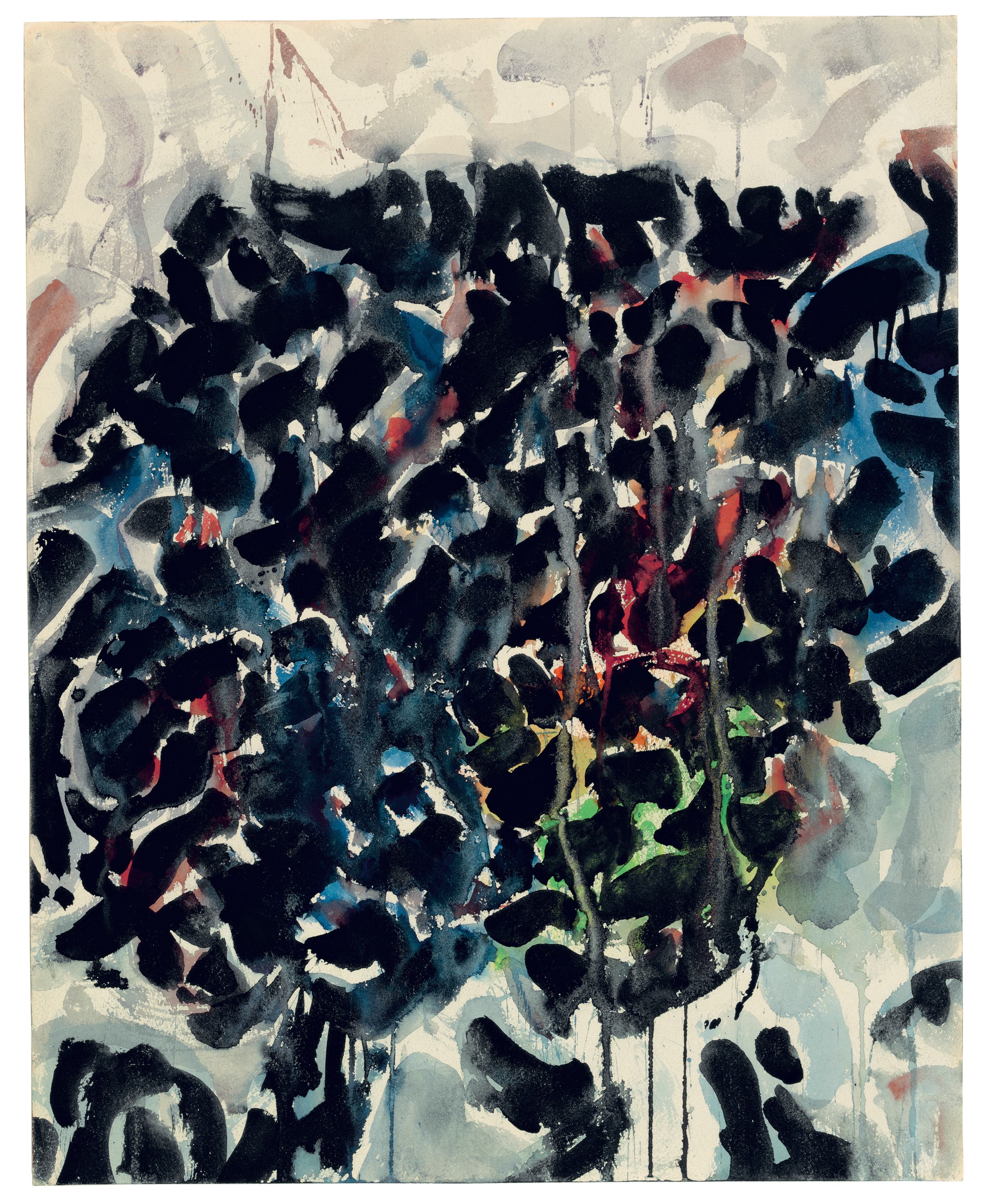 A abstract watercolor is composed of black amorphous shapes with touches of color.