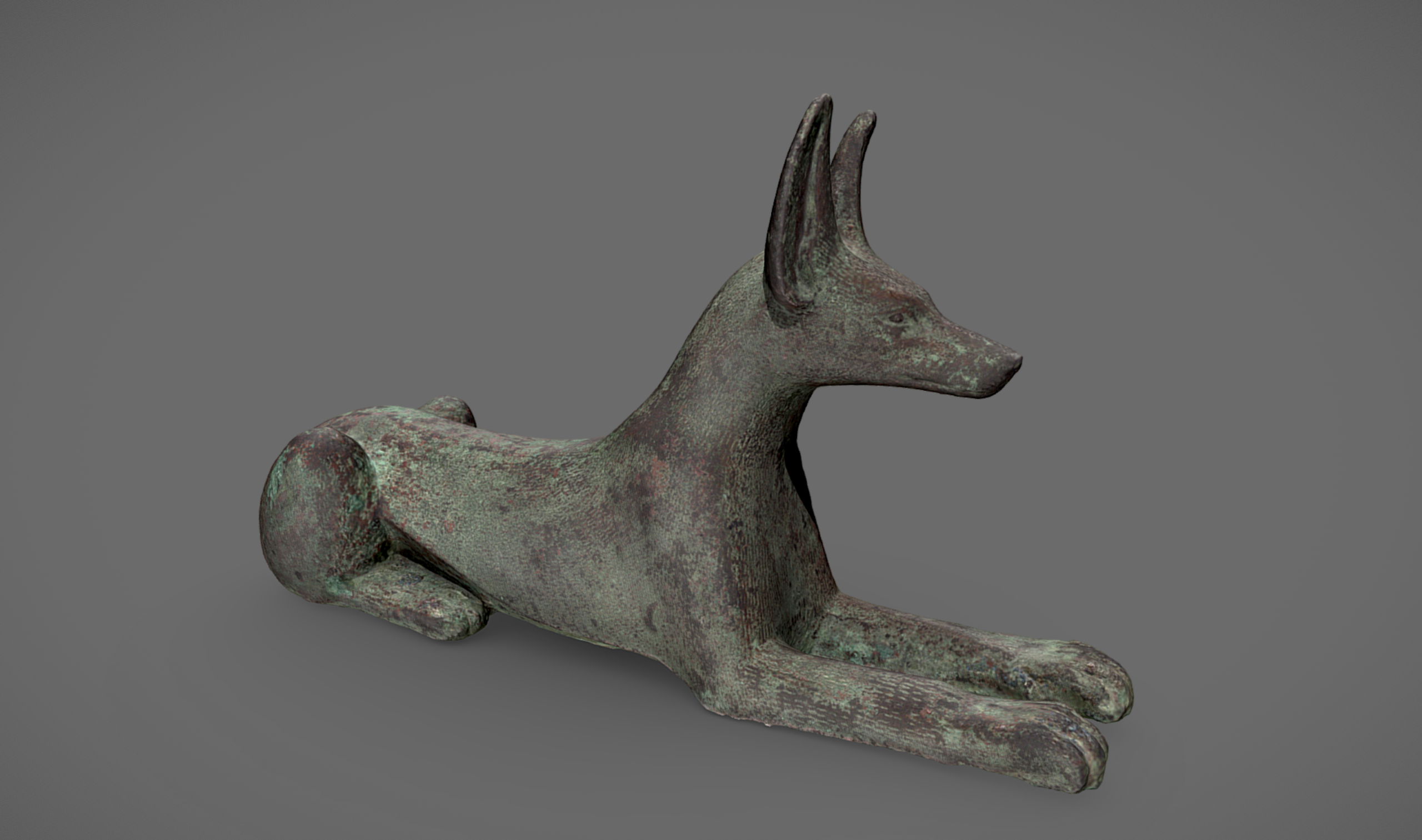 Digital illustration on a gray background of a statuette of a seated jackal.