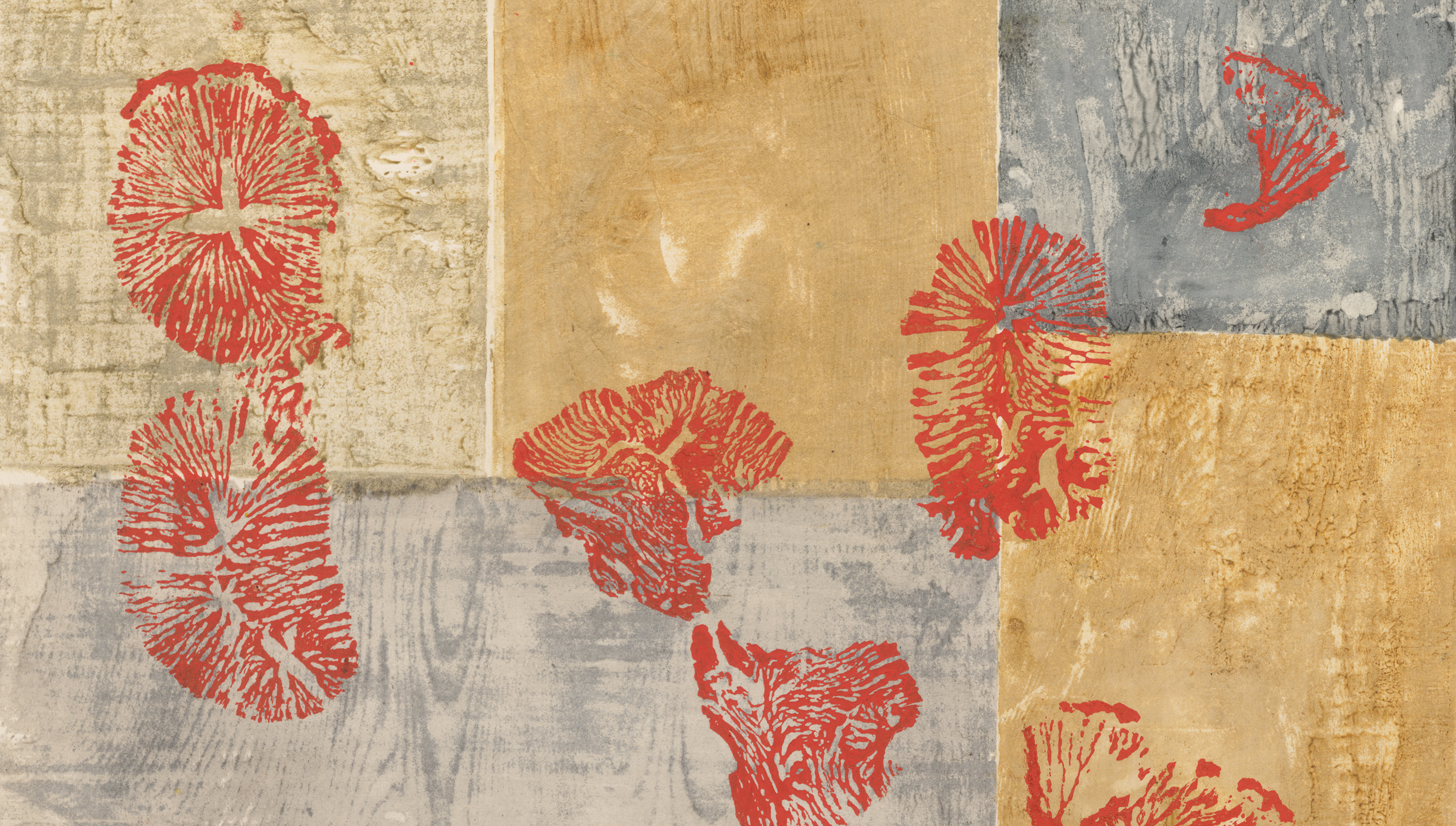 Detail of Onchi's print "Objet No. 2," featuring a grid-like pattern of colored blocks and red splotches.