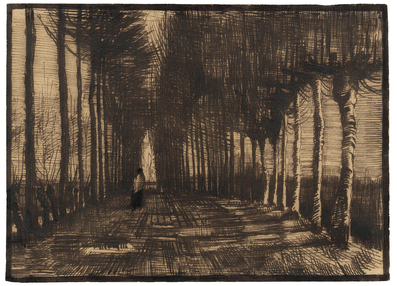 A sketchy drawing on tan paper of a tree-lined path with one figure walking in the distance.