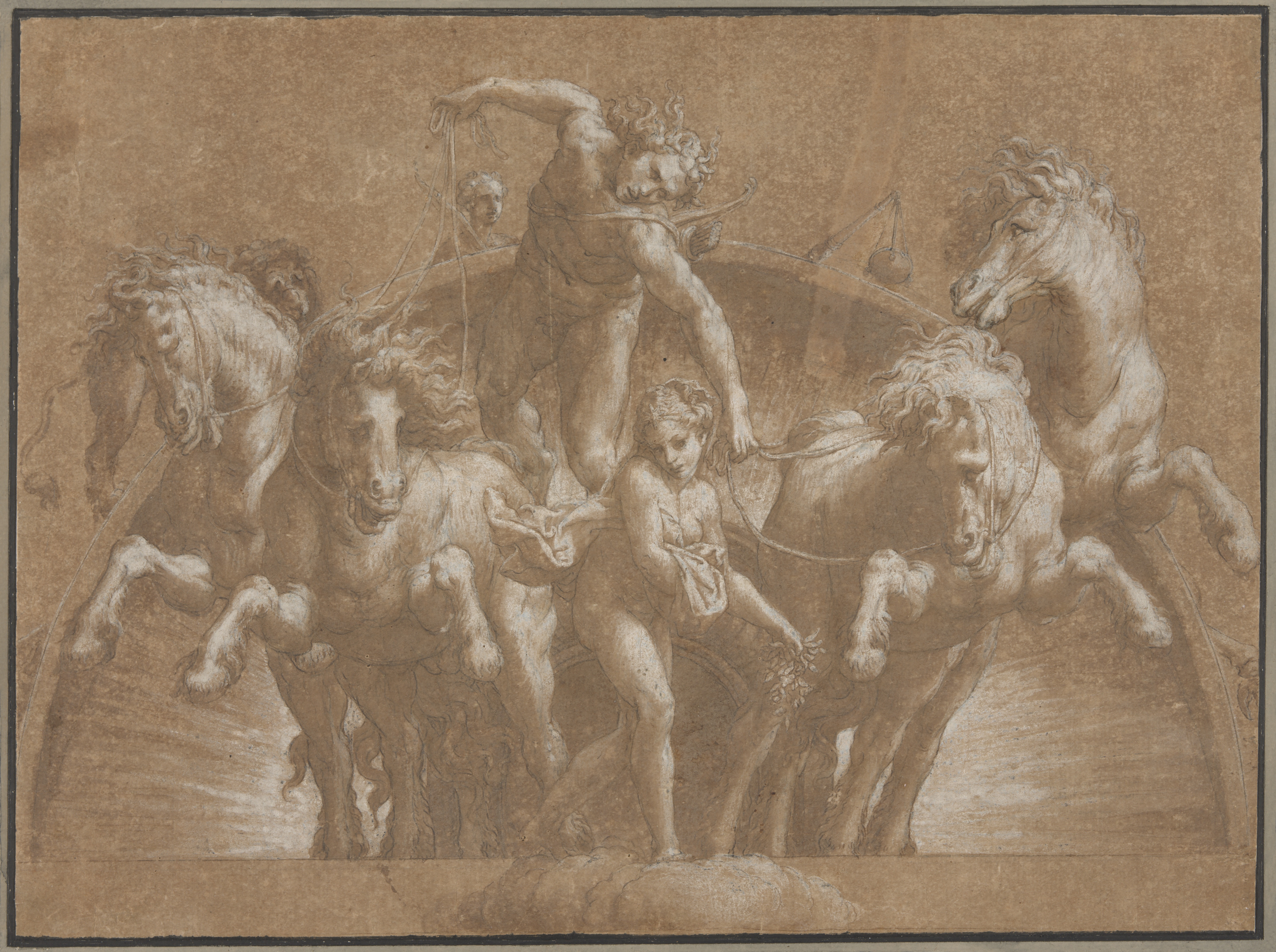 A drawing on brown paper with highlights of white shows a muscular man atop four rearing horses bursting forward toward the viewer.