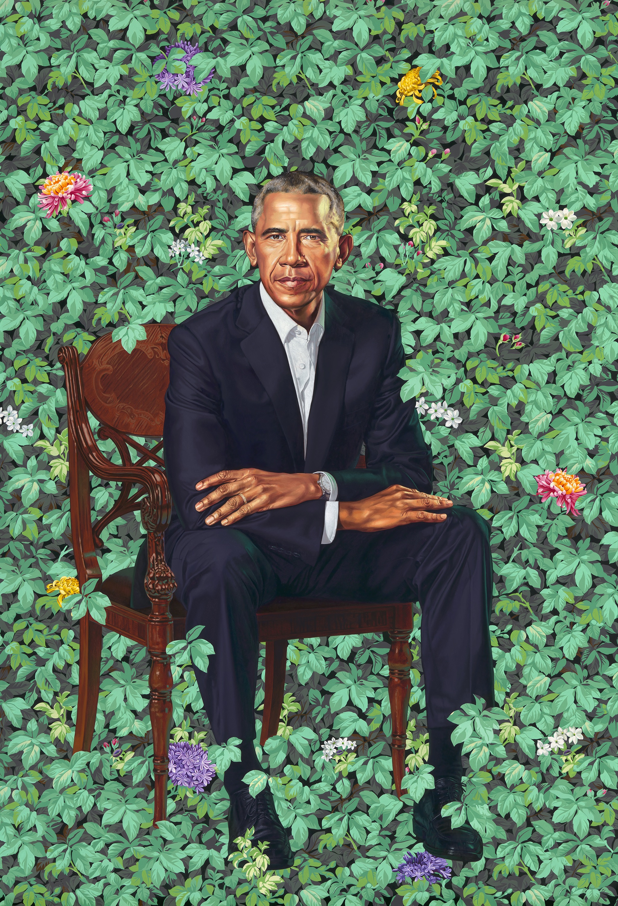 A painting shows President Obama sitting in a wooden, arms resting on knees, against a backdrop of lush greenery and flowers.
