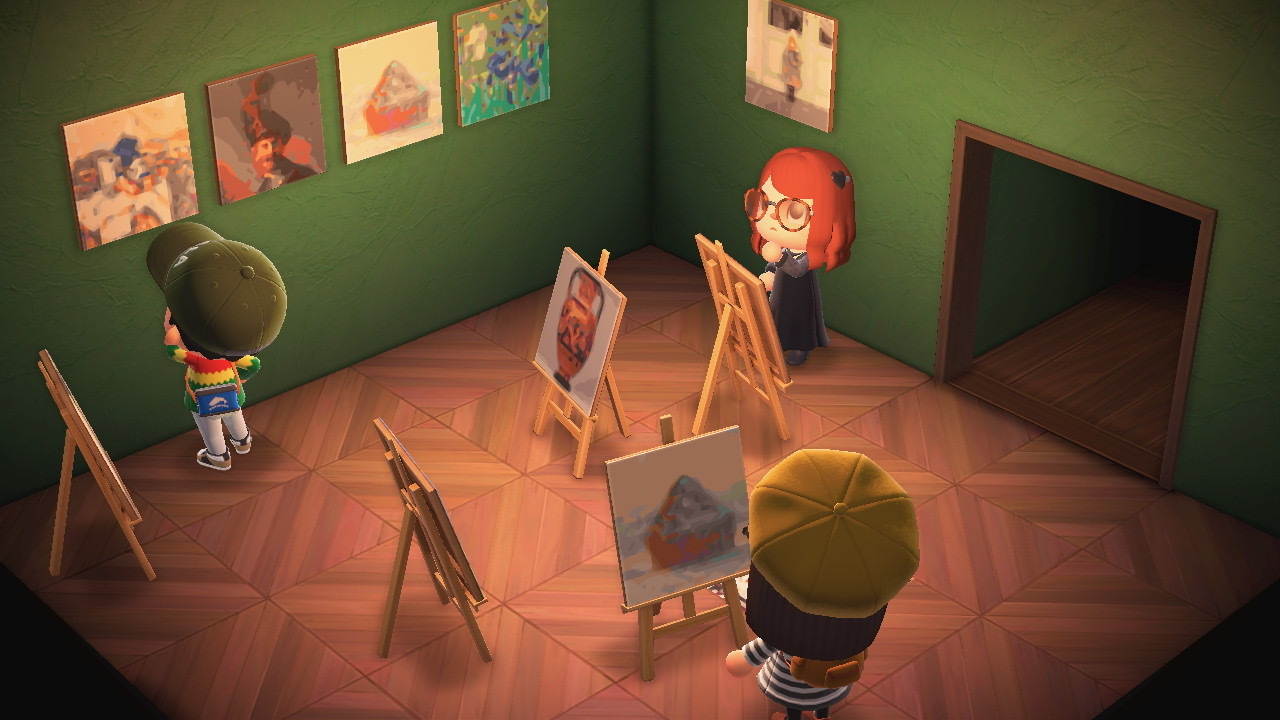 Animated characters view art hanging on a wall.