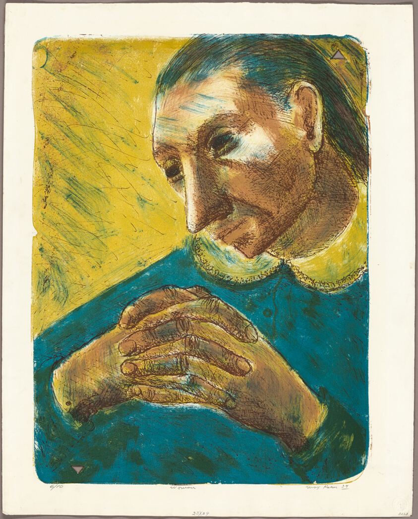 Print of an older woman with light brown skin wearing a blue shirt with a yellow collar. She clasps her hands and looks solemn.