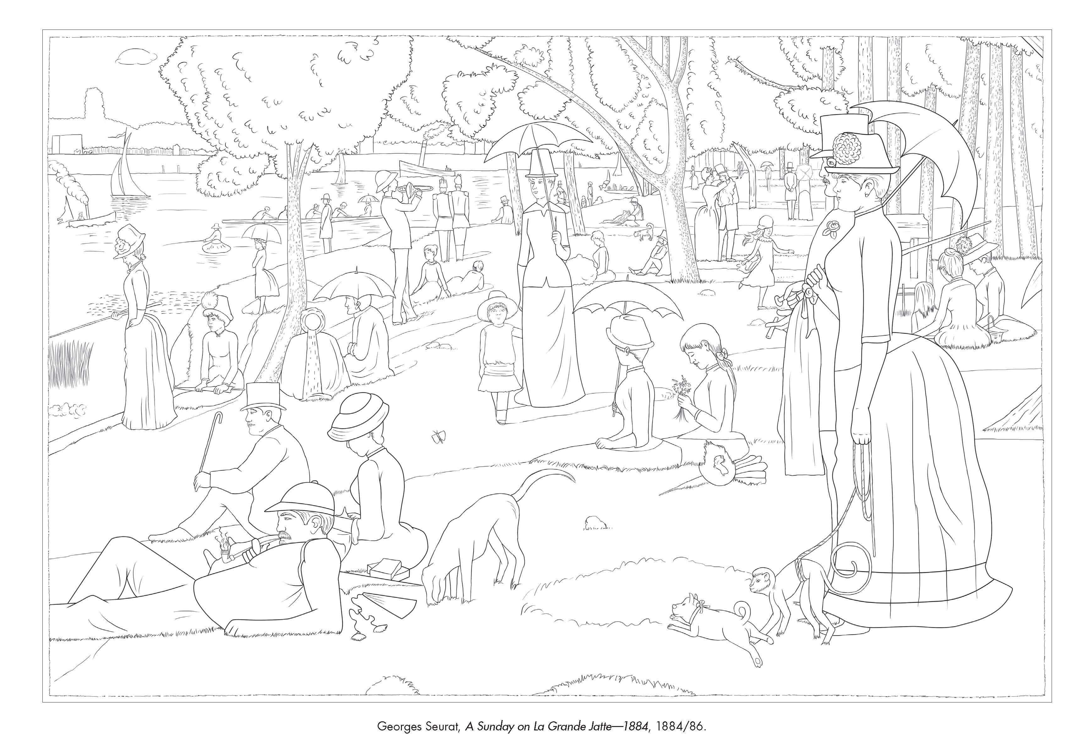 Black-and-white schematic version of Seurat's La Grande Jatte.