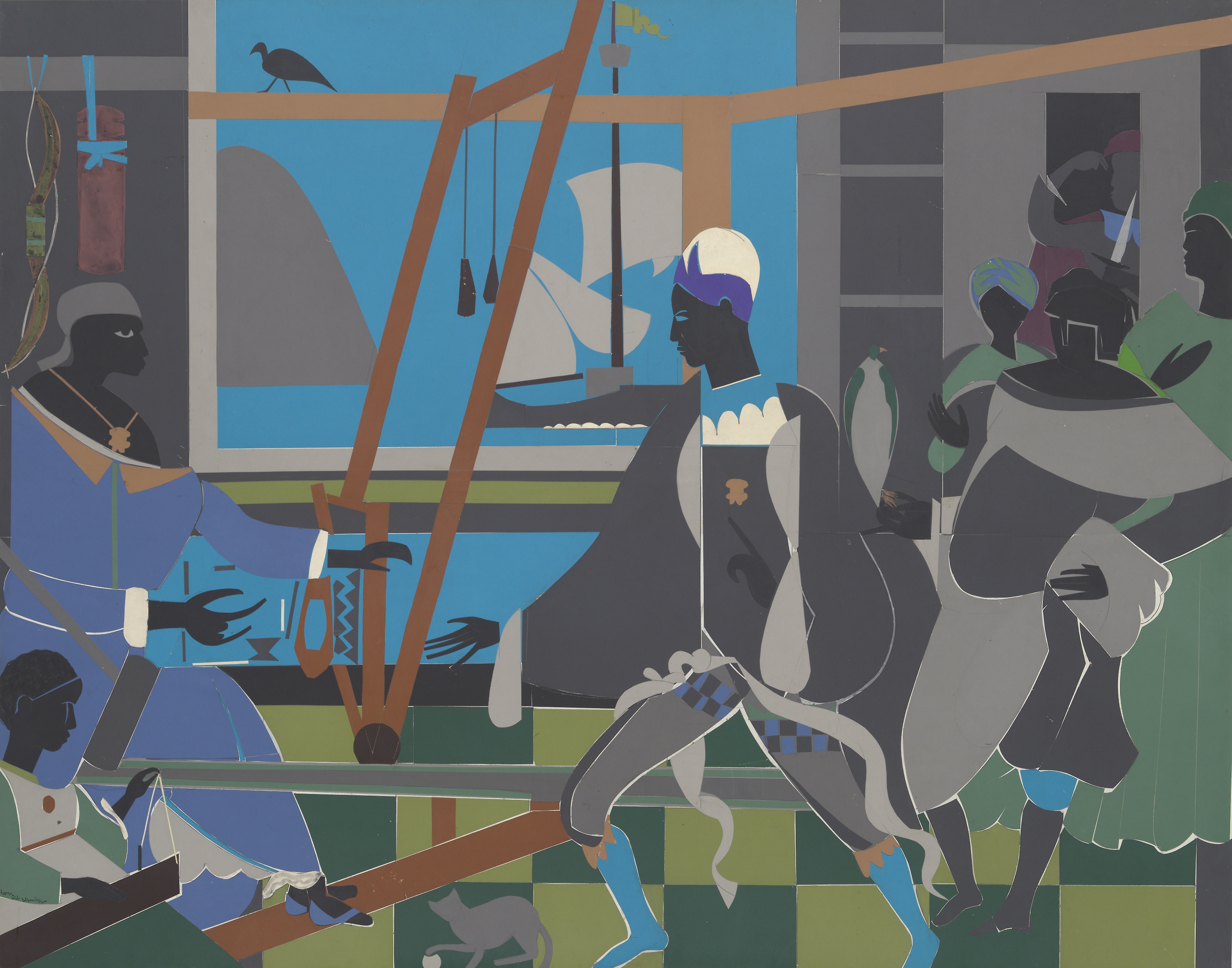 A cut paper collage in tones of blue, gray, and black shows several figures greeting each other. A ship is seen through a window in the background.