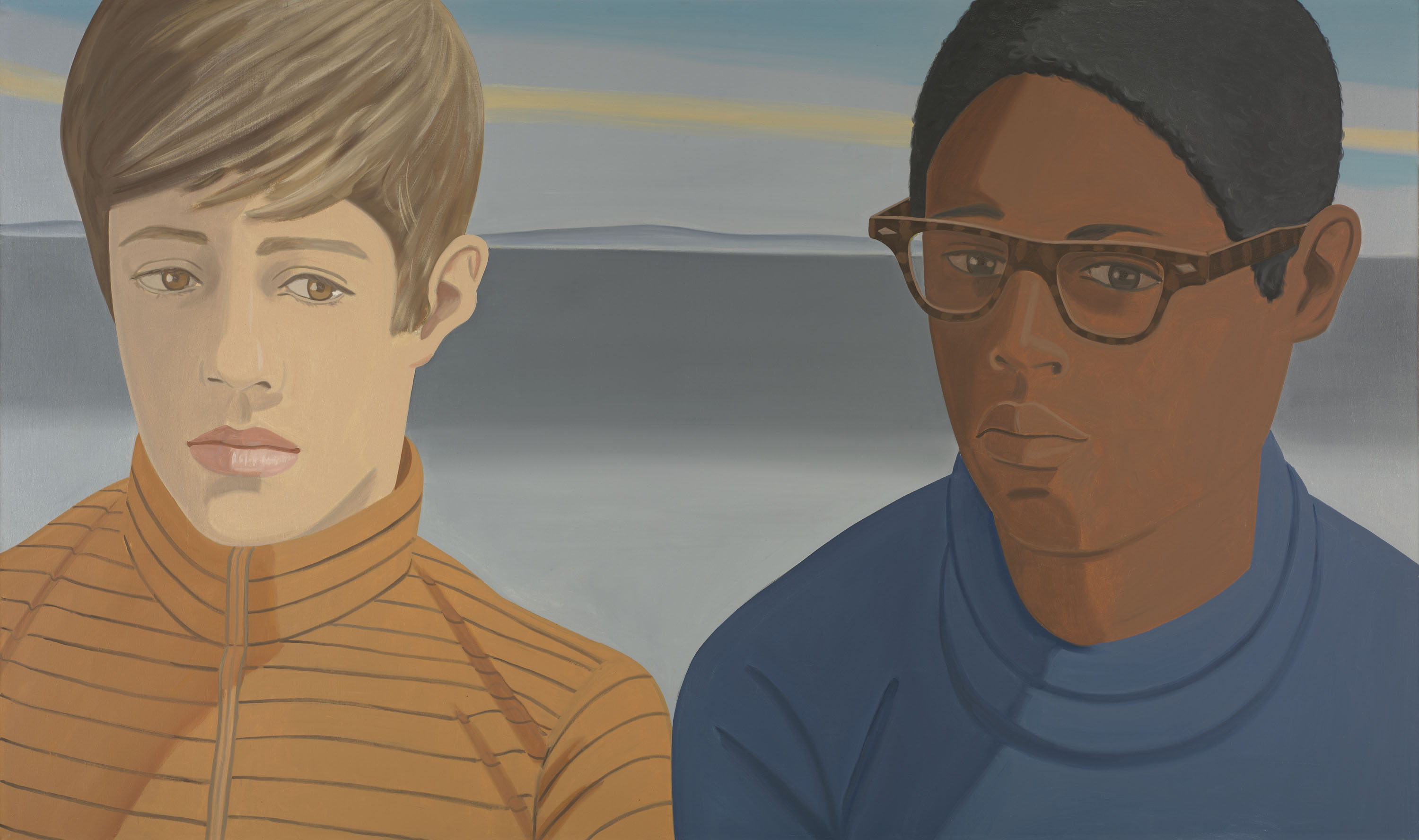 Painting of two boys, one white and one black, standing side by side with neutral expressions against a neural background.