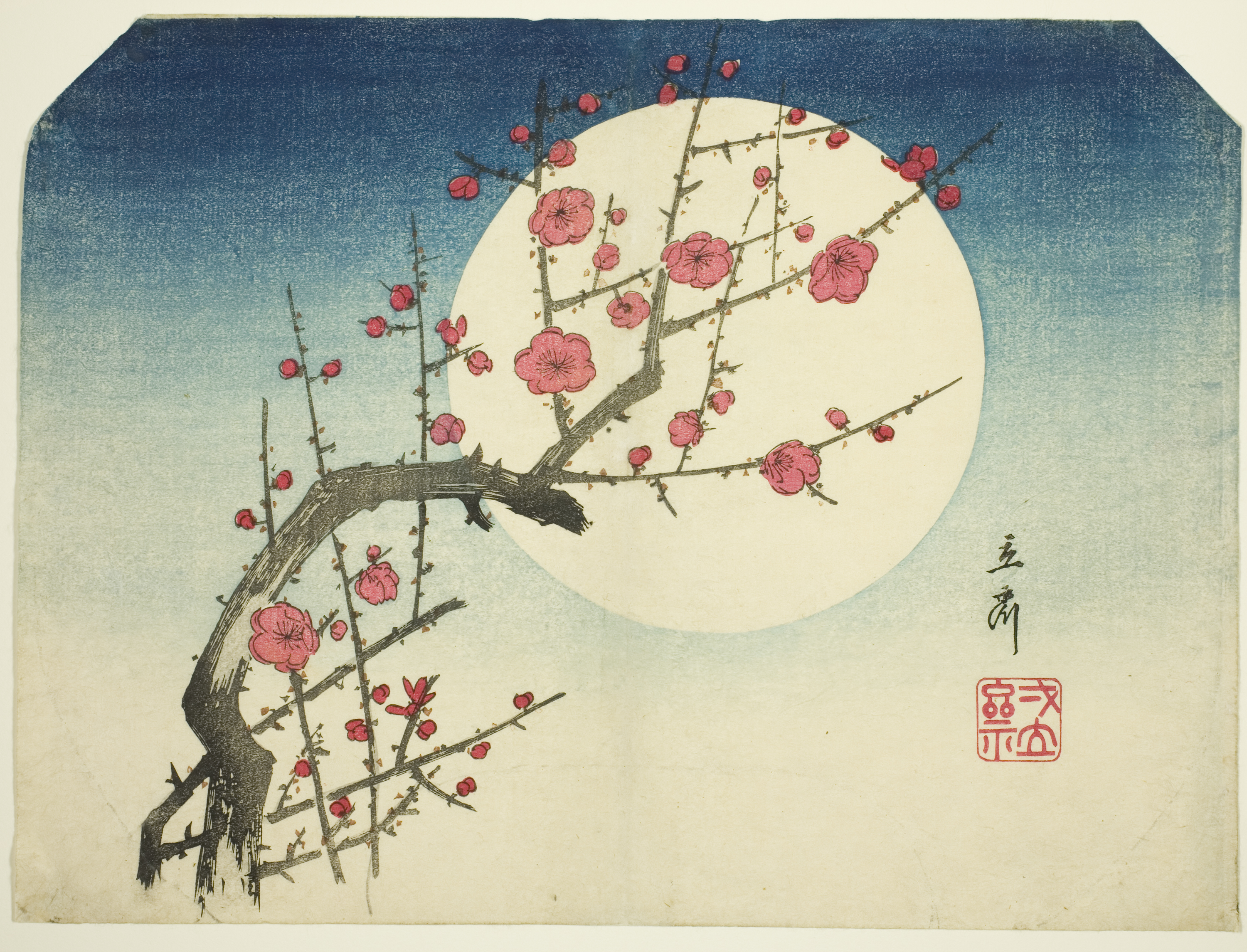 A Japanese print of a branch with small red blossoms in the foreground against a large full moon.