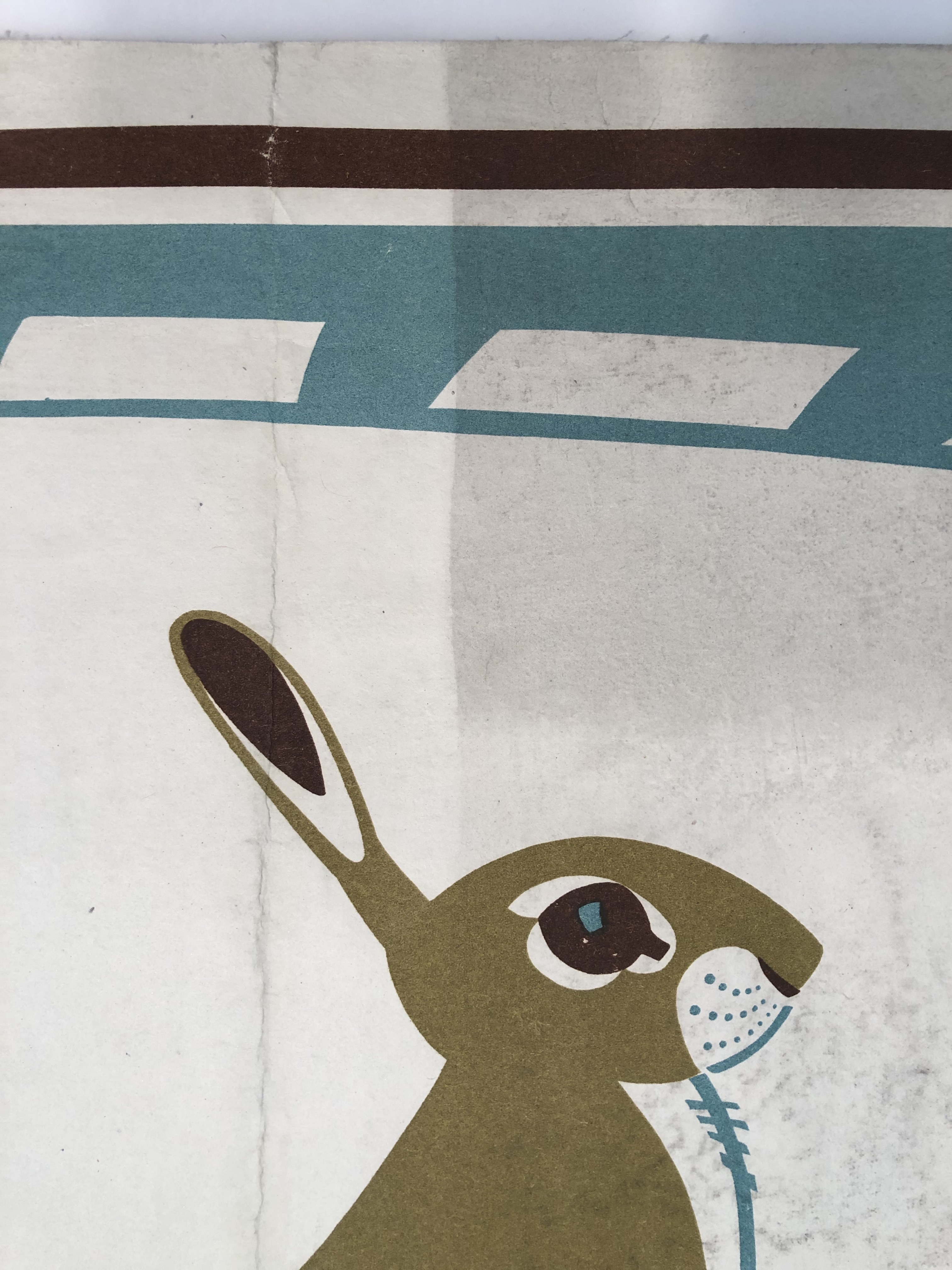 Detail of rabbit's face on a poster whose white background is being dry cleaned with an eraser