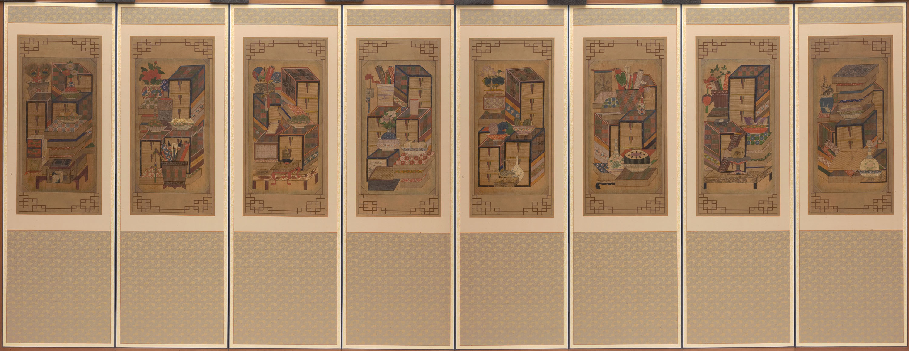 Painting of many vertical panels with scenes of scholarly items and books.