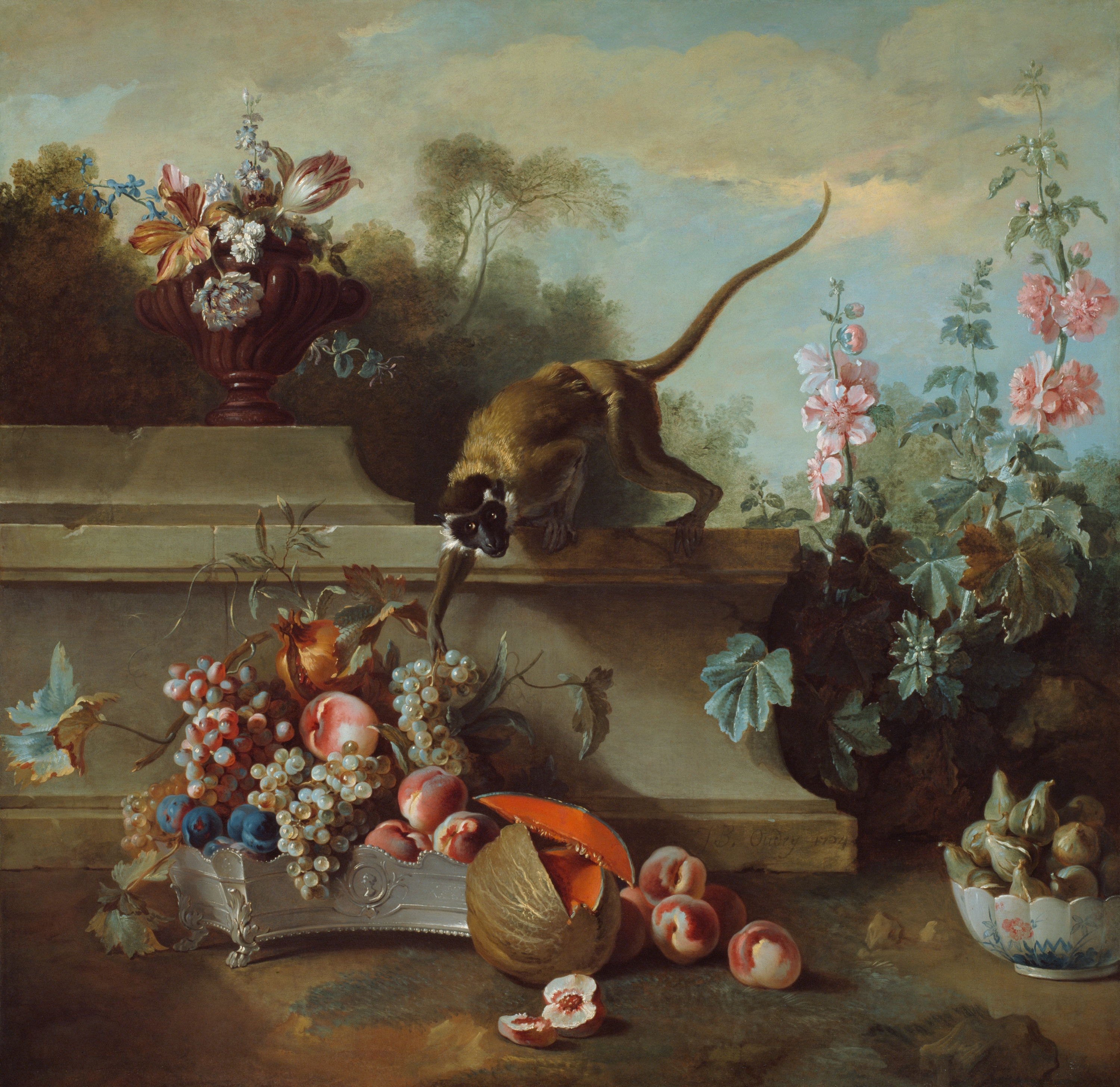 A still life painting featuring a monkey grabbing a piece of fruit in an opulent setting.