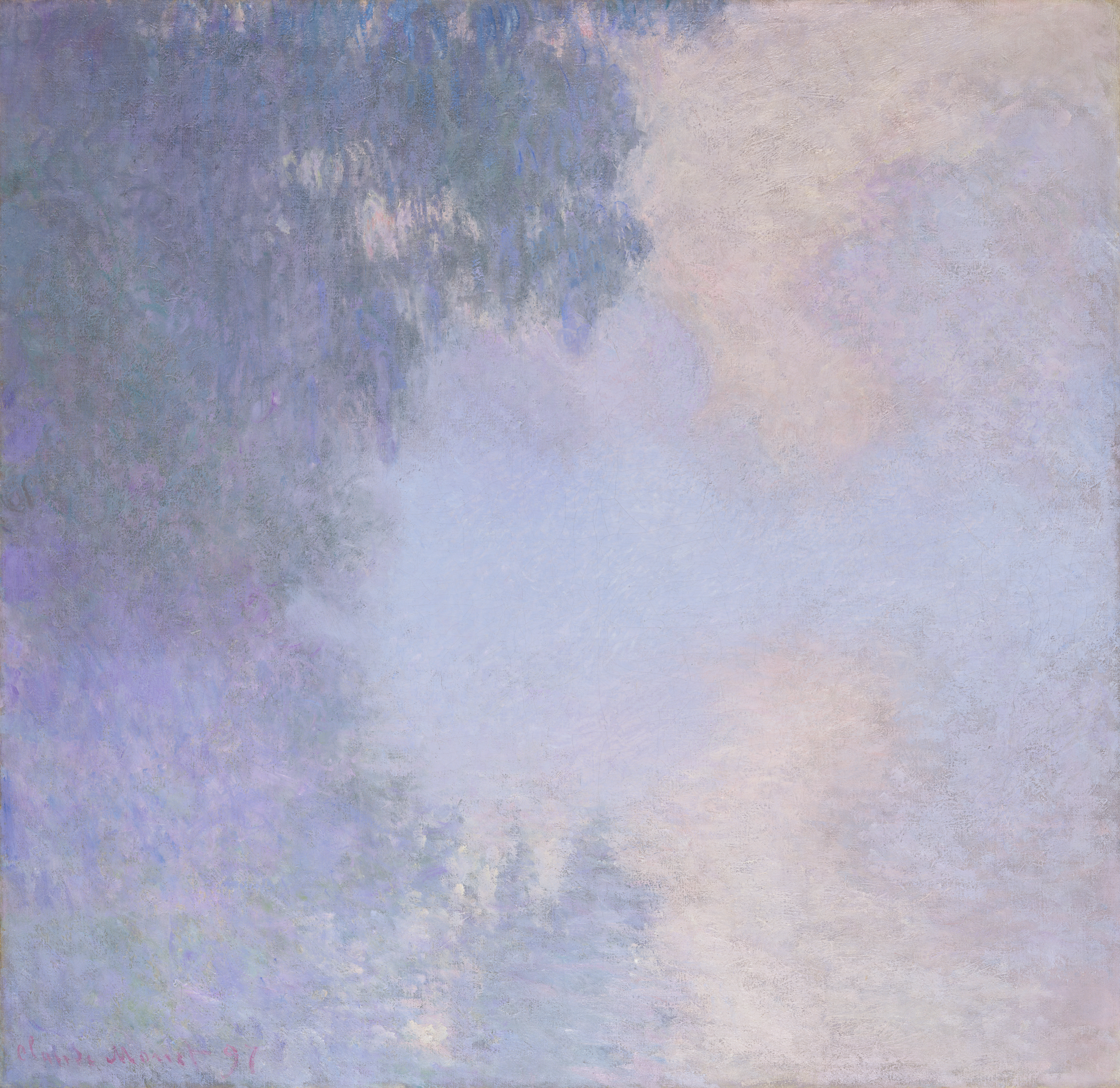 Soft and impressionistic painting of a field of light blue, purple, periwinkle, and white clouds, a reflection on the surface of the Seine river.