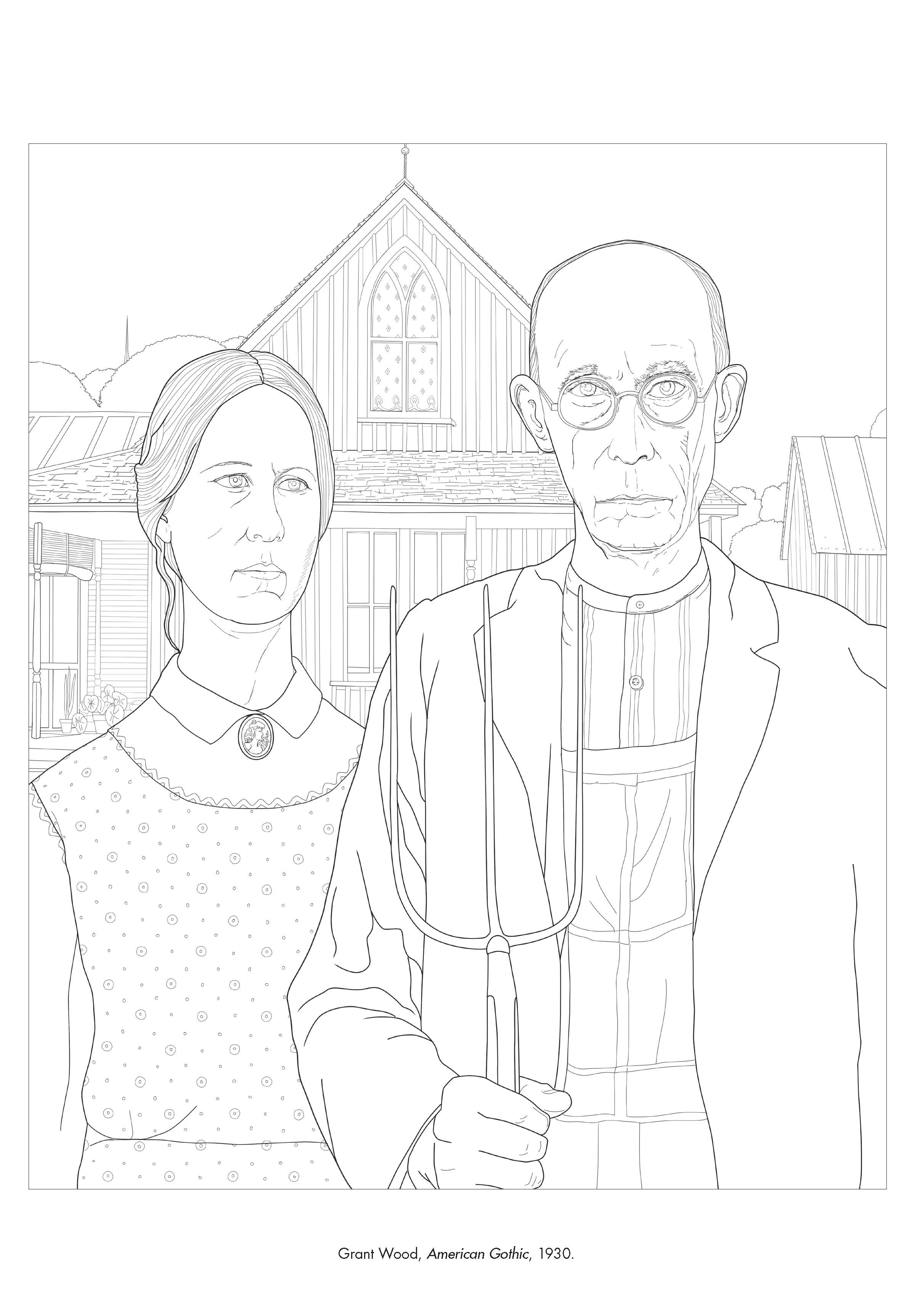 Black-and-white schematic version of Grant Wood's American Gothic..
