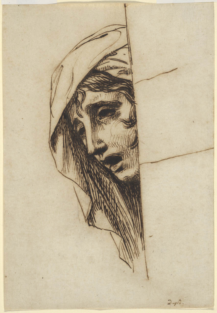 A drawing of a hooded woman, with a gaunt face and sunken eyes, peeking around a wall.