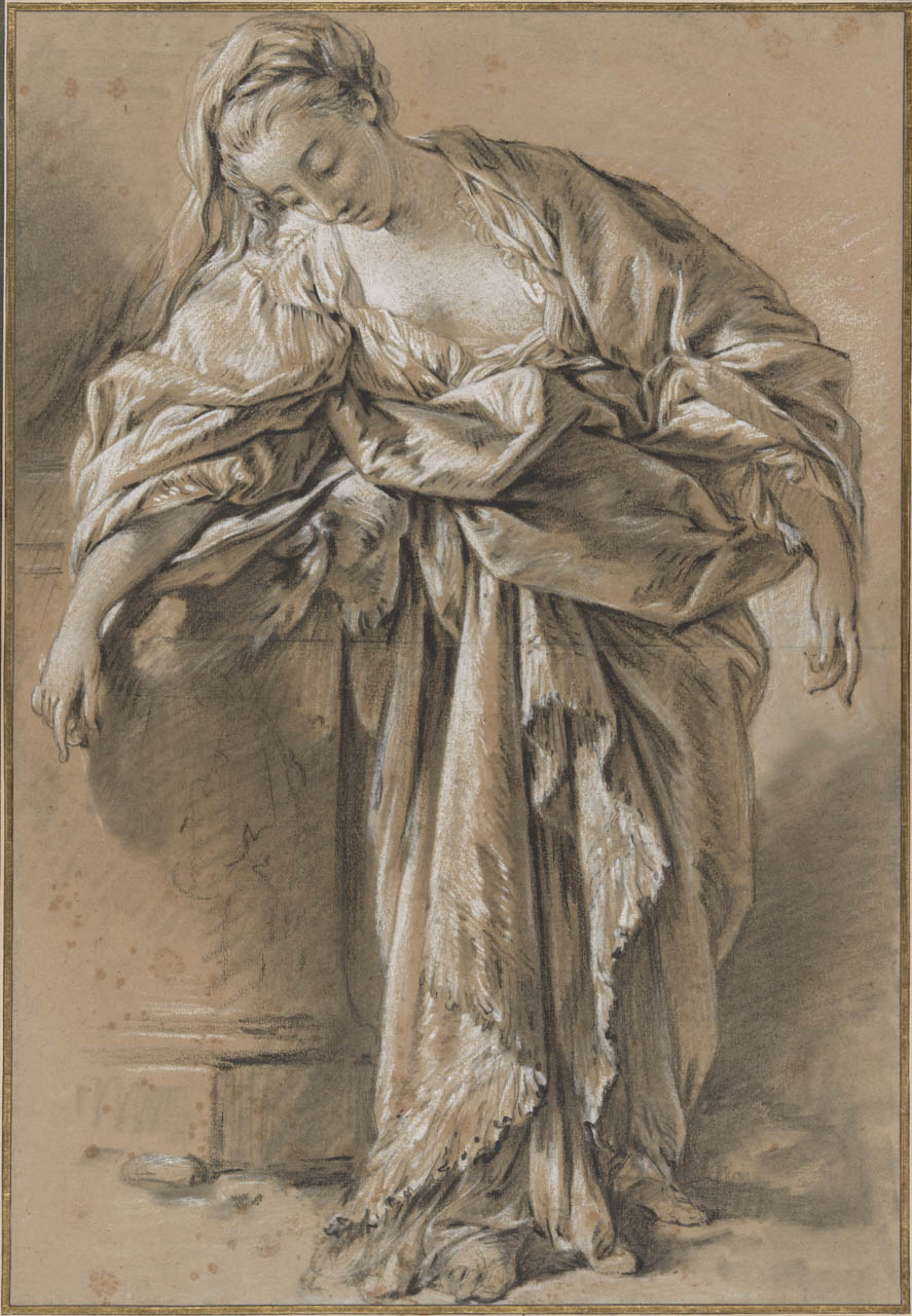 A drawing shows a woman in sumptuously draped clothing, her arms raised slightly and her face turned gently to the ground.