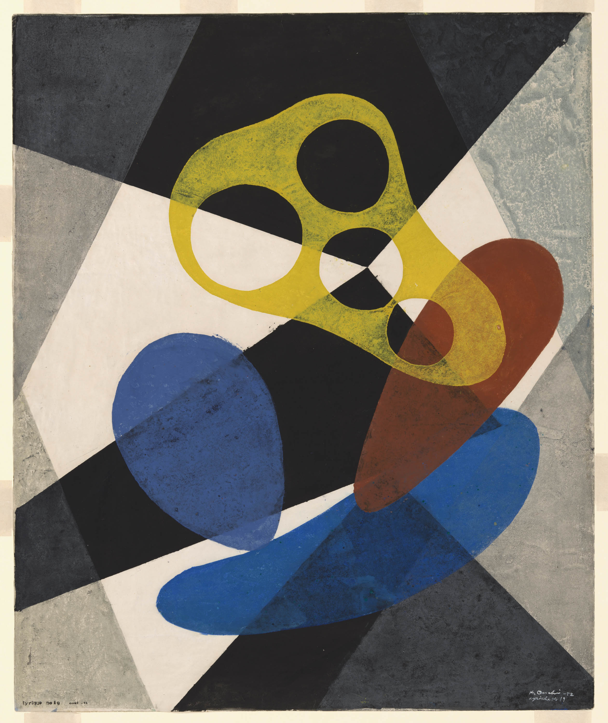 Bright abstract print featuring a geometric background in cream, black, and gray with semitransparent shapes superimposed upon it: two blue blobs, a red-brown oblong shape, and a prominent yellow rounded shape with three nearly circular holes in it.