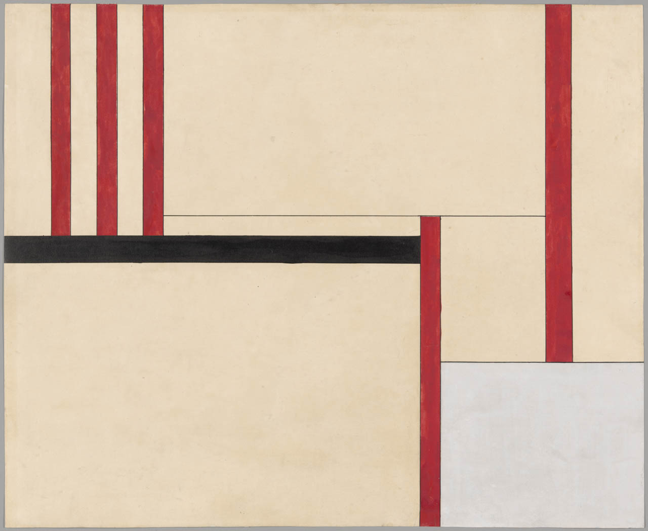 One black horizontal line and five red vertical lines form the composition of this work on paper.